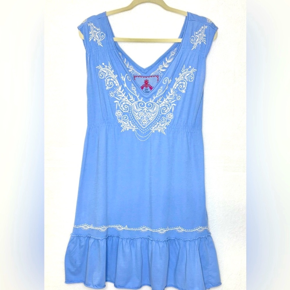 Johnny Was Light Blue Embroidered Mini Dress